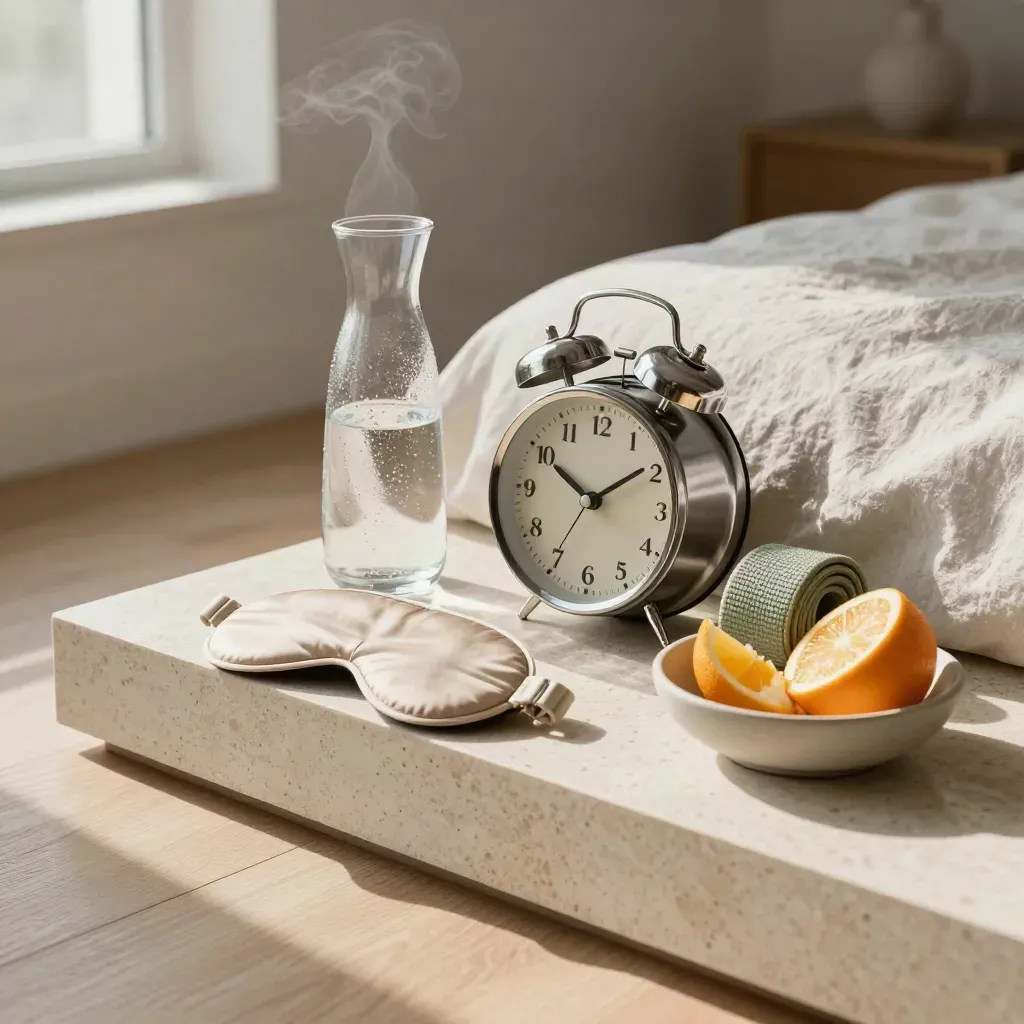 Alarm clock, water carafe, sleep mask, yoga strap and citrus bowl on a travertine bedside plinth.