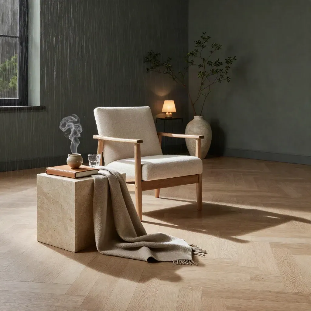 Rain-lit coaching studio with chair, tea set, journal, throw and branch in stone vase.