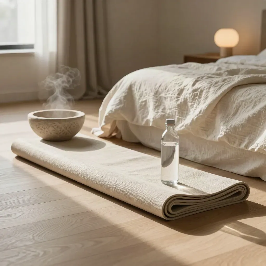 Morning wellness routine corner with bed, rolled mat, water bottle, stone bowl and lamp in soft light.