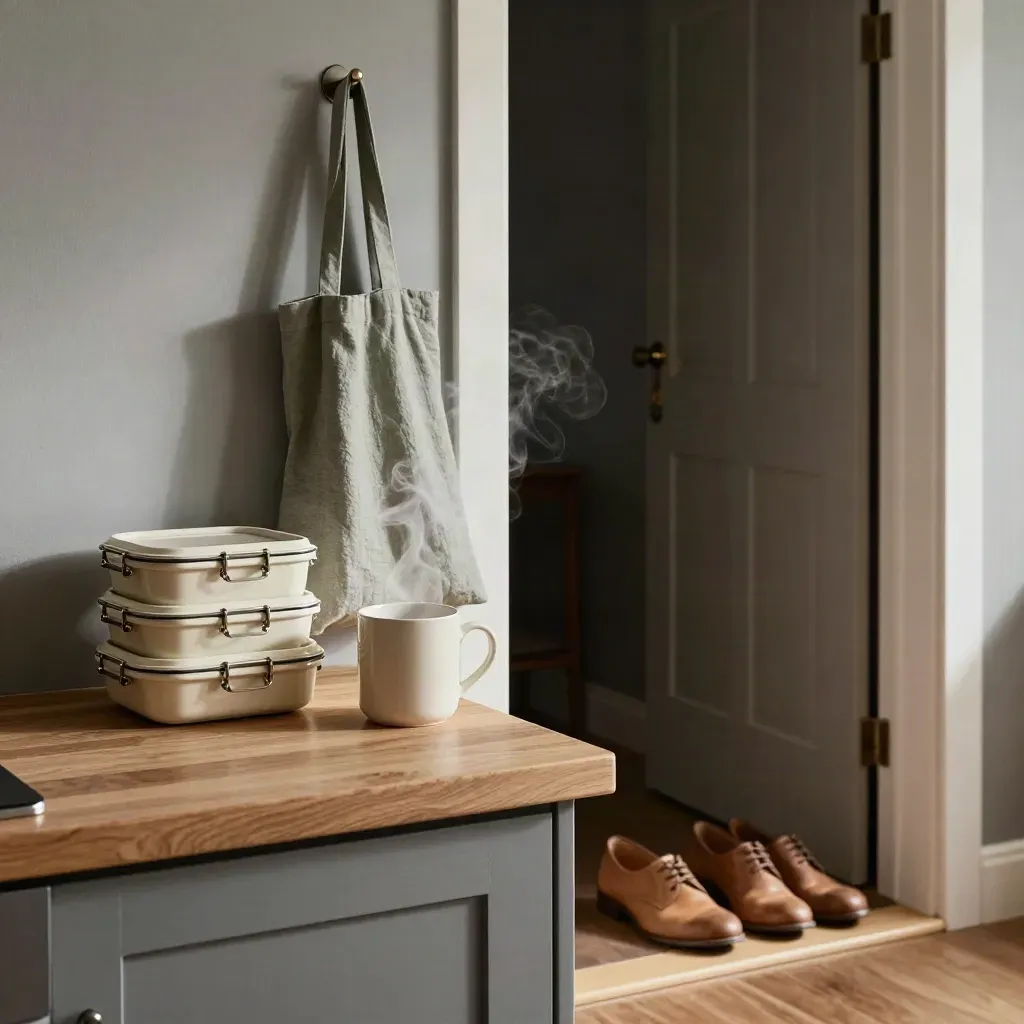 Steam rises from lunch containers beside a mug, wall hook and neatly lined shoes in a warm entryway.