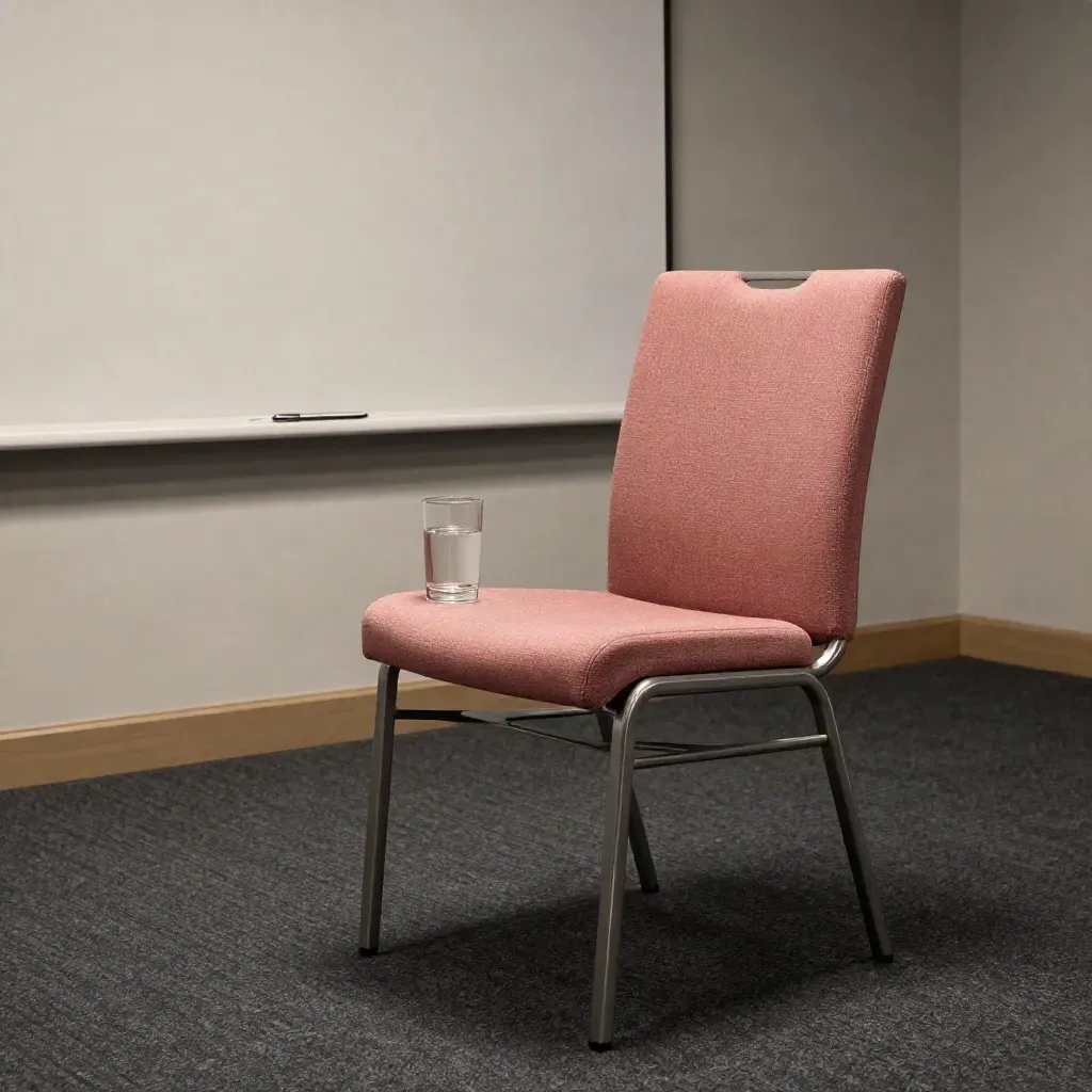 Empty conference room corner with chair, water glass, pen, and blank wall before a meeting.