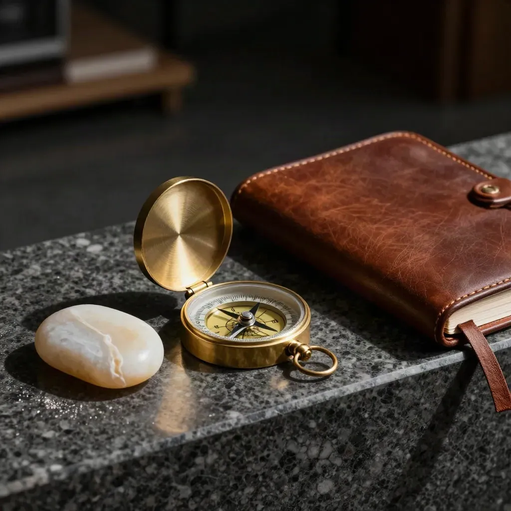 Brass compass, ivory palm stone, and leather journal on dark travertine in dramatic light