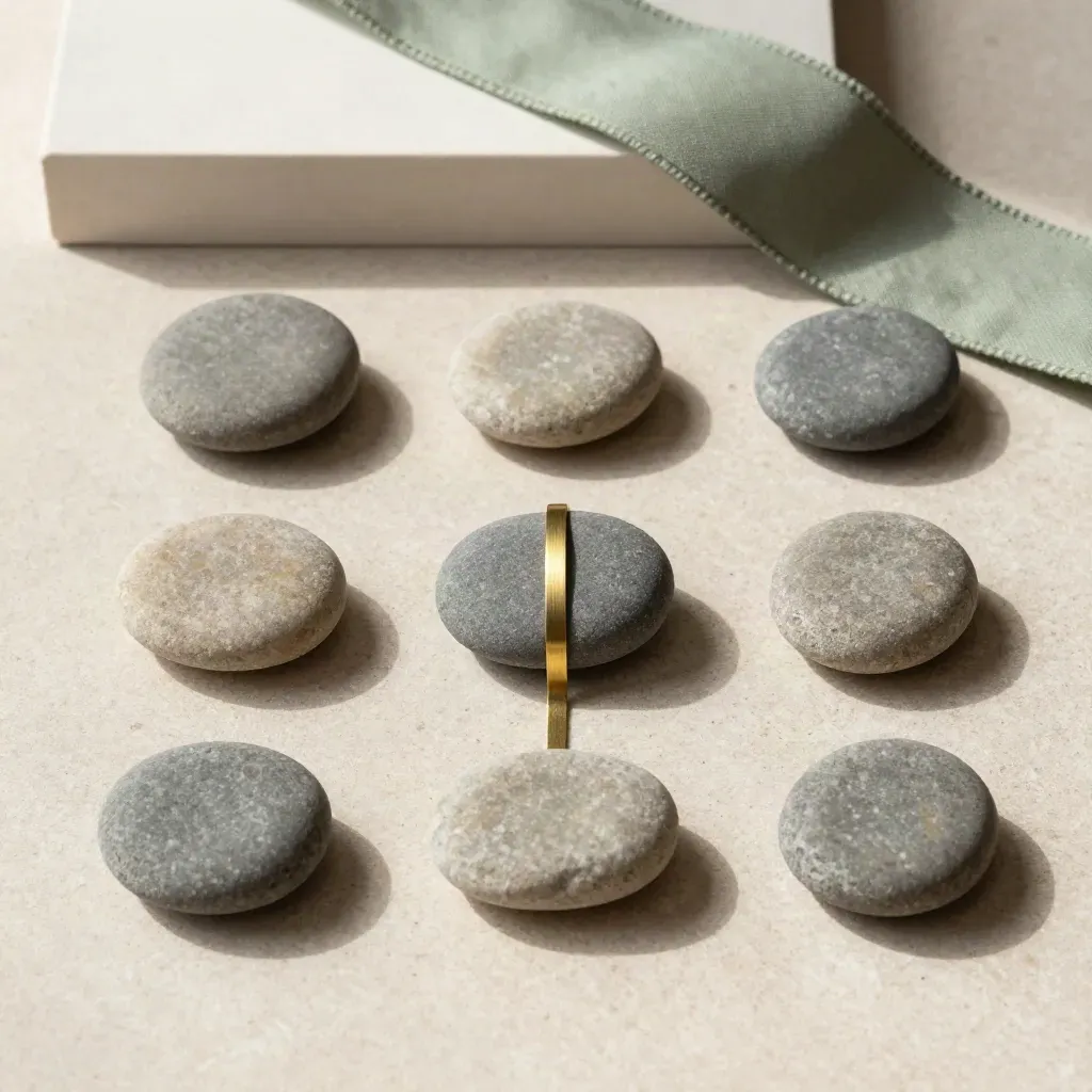 Overhead flatlay of seven pebbles, sage ribbon and brass divider on a stone surface