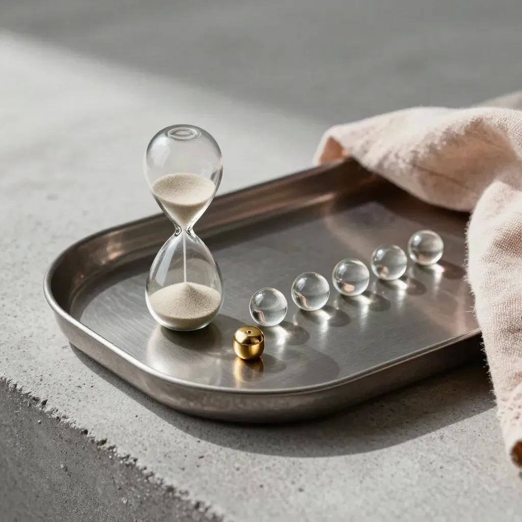 Brushed metal tray with hourglass, glass beads, brass marker, and blush linen on concrete, softly lit.