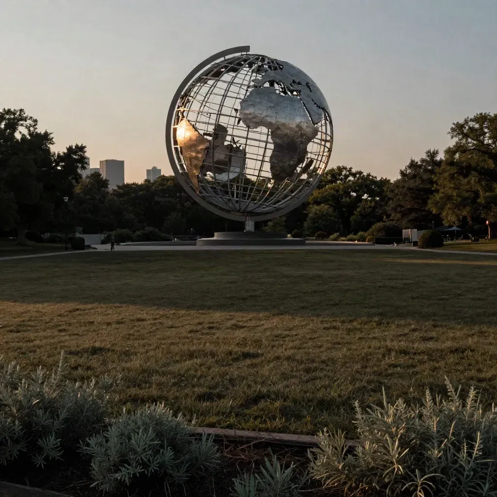 Unisphere above a hazy Queens park field with distant skyline at dusk